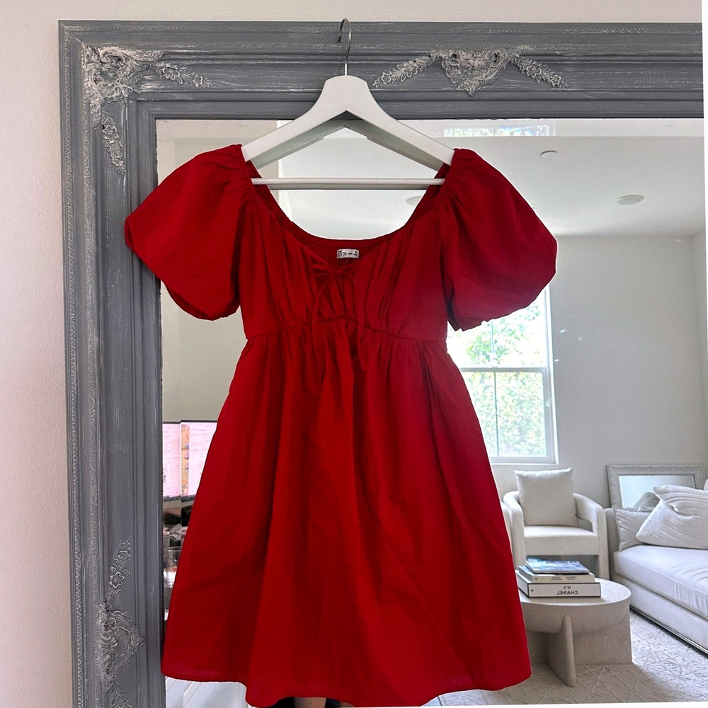NWT Hollister Milk Maid Red Short Puff Sleeve Poplin Babydoll Mini Dress XS Long